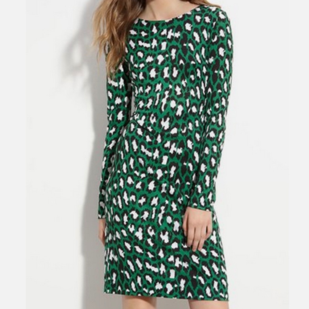 DVF Muriel Spotted Cat Green Black White Silk Dress Sz 10